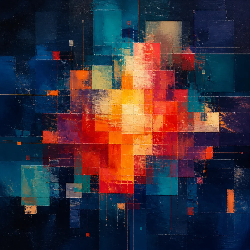 Layered abstract oil painting of colorful geometric fragments forming a stable central structure.